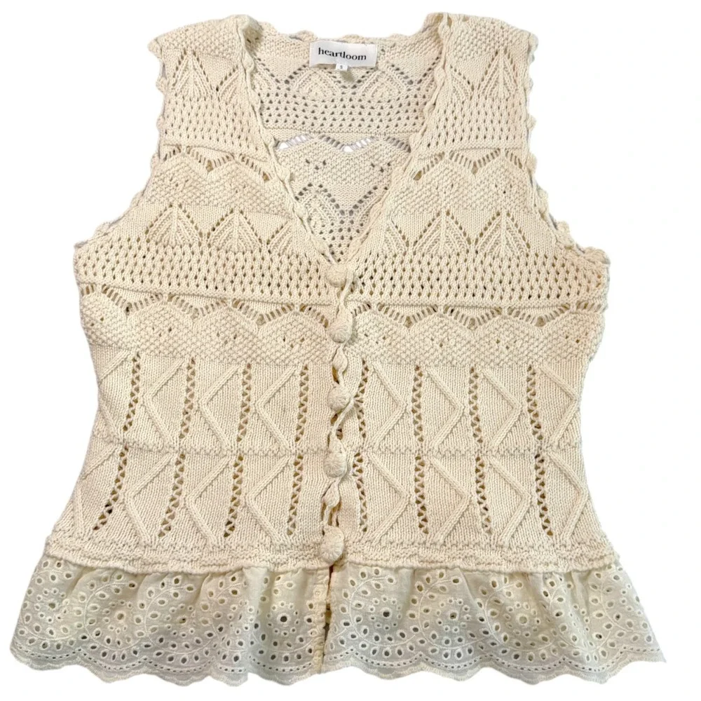 Heartloom Crochet Knit Top Sz S Cream Eyelet Peplum Boho Cottage Country Whimsy - Picture 5 of 8